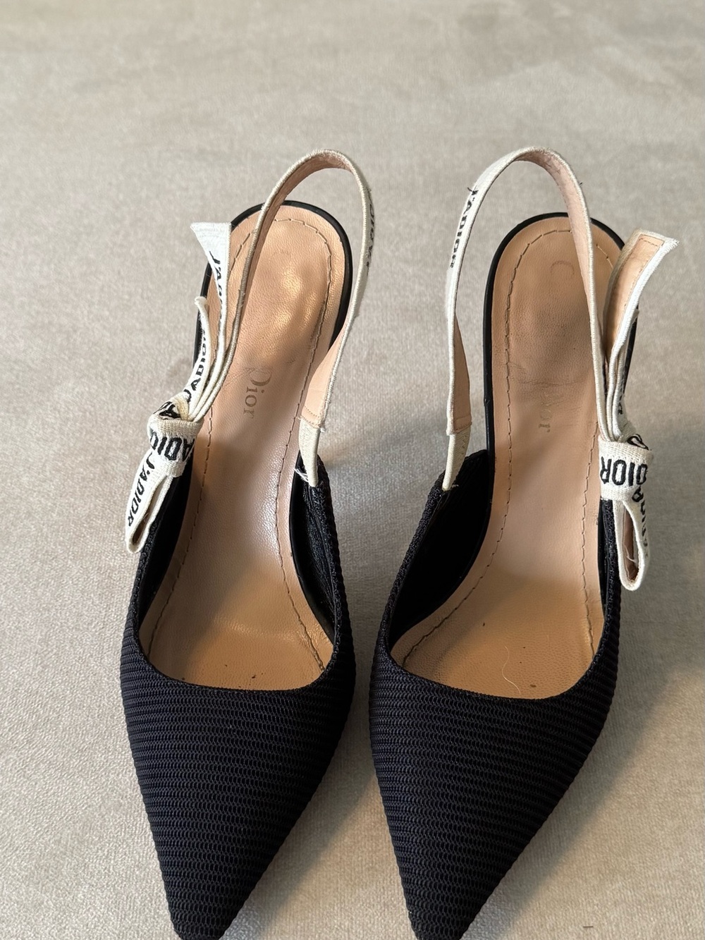 Dior Black Pointed Slingback Pumps with White Logo Bow - Picture 8 of 8